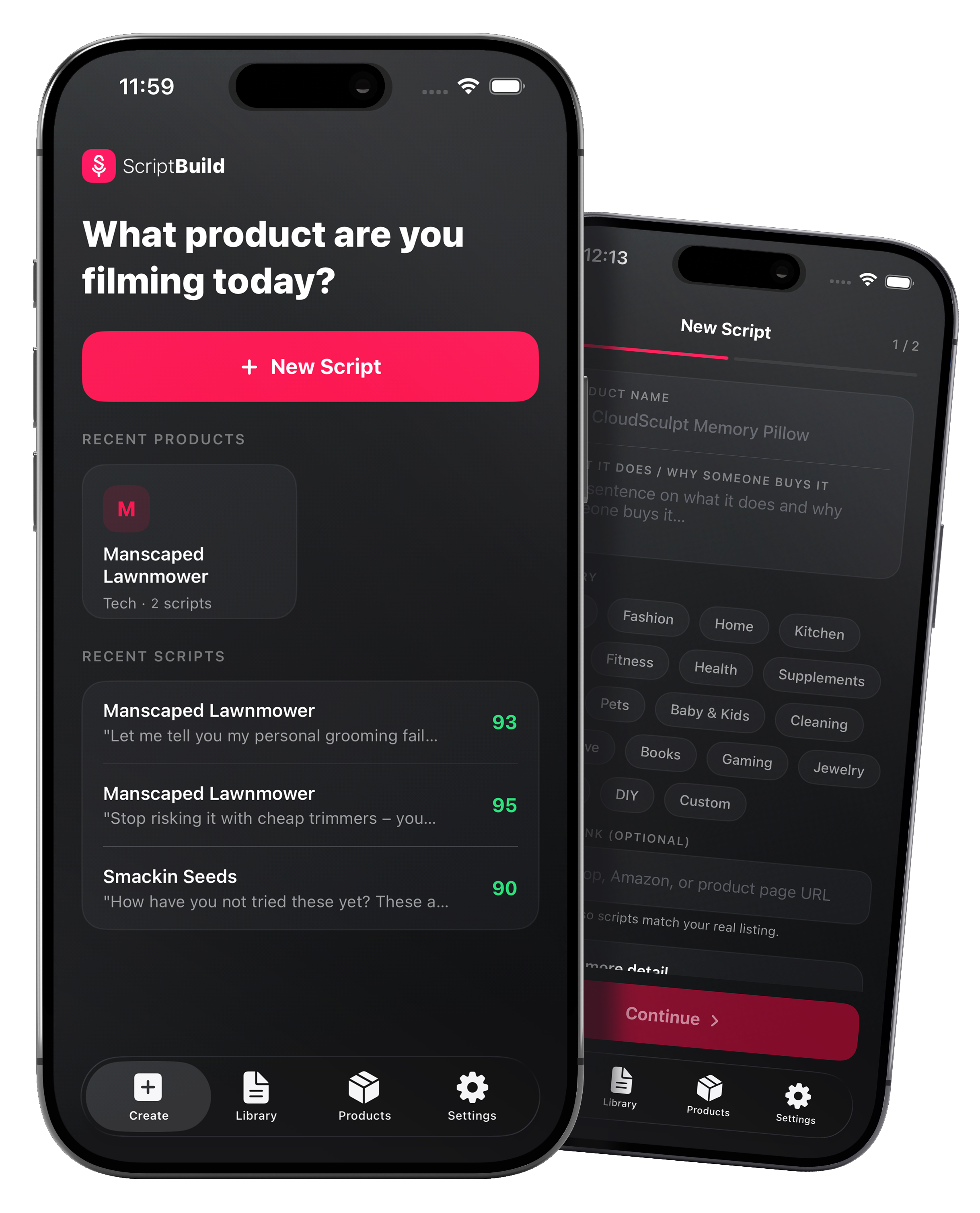 ScriptBuild app — Create screen and new script flow
